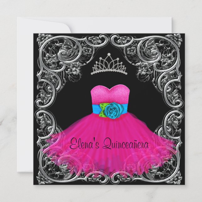 Invitations de Quinceanera Noir Rose Chaud (Devant)