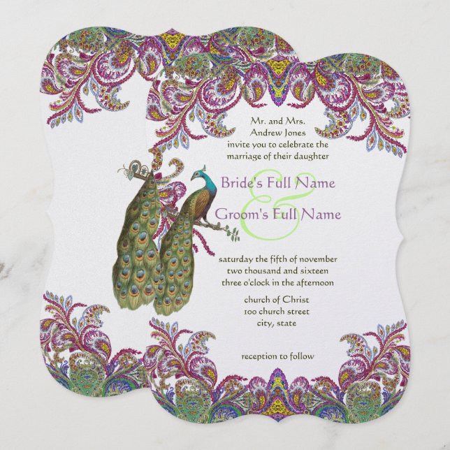 Invitations de Raspberry Peacock Mariage damassé (Devant / Derrière)