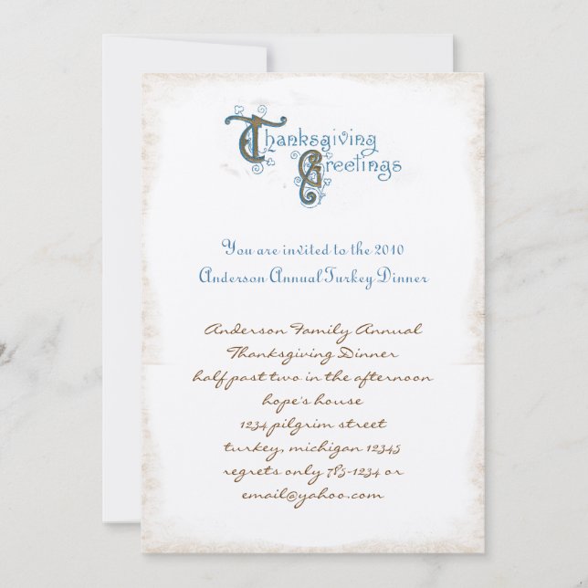 Invitations de récolte d'action de grâces vintages (Devant)