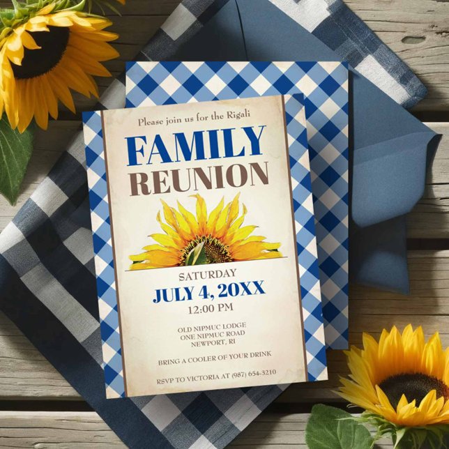 Invitations de réunion familiale Pique-nique de to (Family reunion invitations rustic sunflower and blue gingham.)