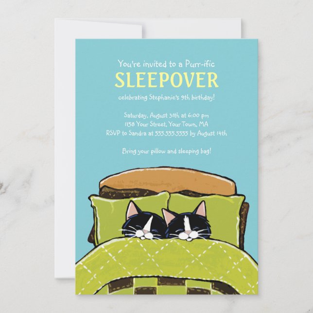 Invitations de soirée pyjamas de chaton de sommeil (Devant)