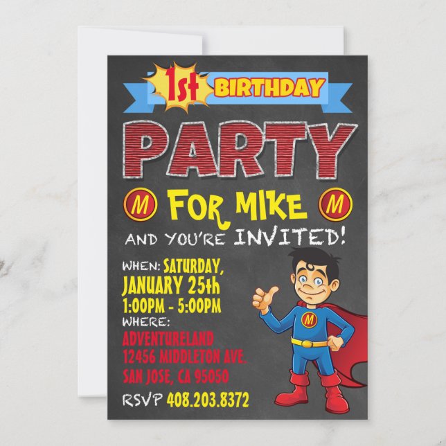Invitations de Superhero Anniversaire. Fête de l'a (Devant)