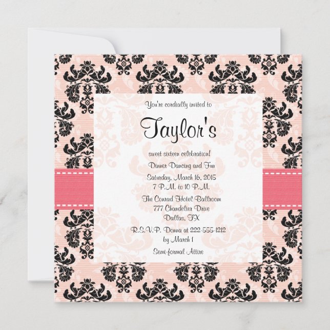 Invitations de Sweet sixteen Damas roses et noires (Devant)