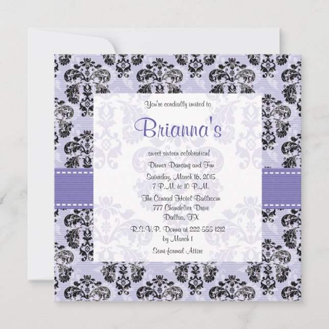 Invitations de Sweet sixteen pourpre Damask (Devant)
