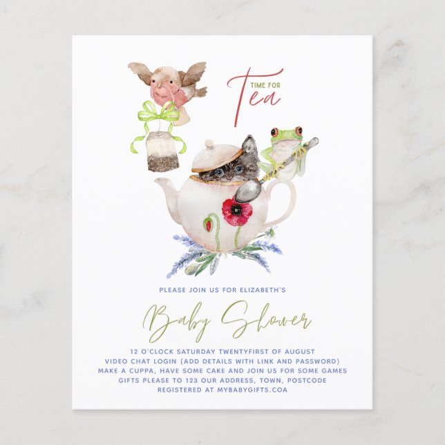 Invitations de Tea Party pour le budget Baby showe (Devant)