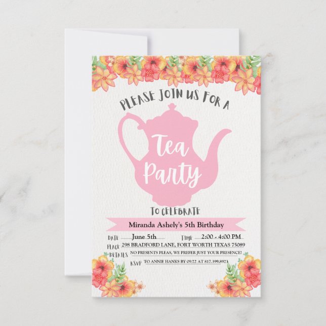 Invitations de Tea Party pour les filles (Devant)