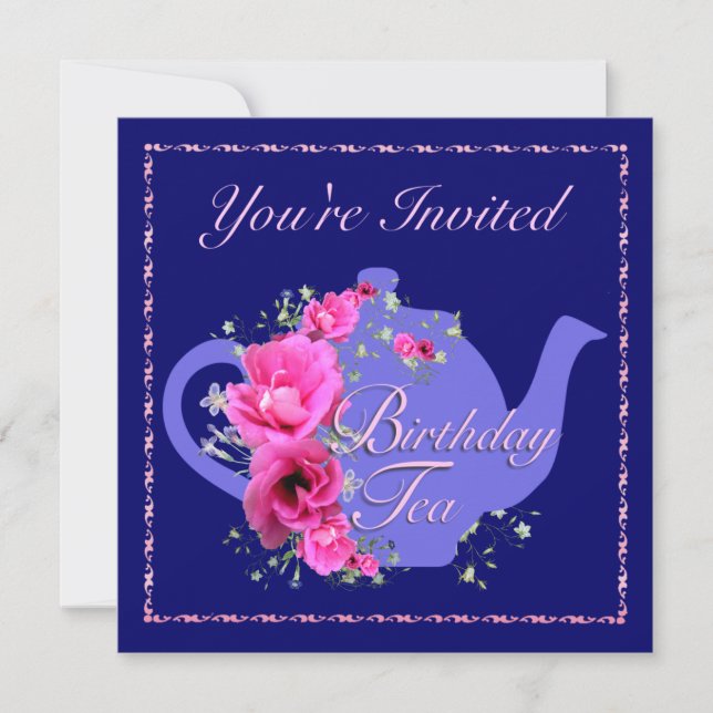 Invitations de thé d'anniversaire Teapot et fleurs (Devant)
