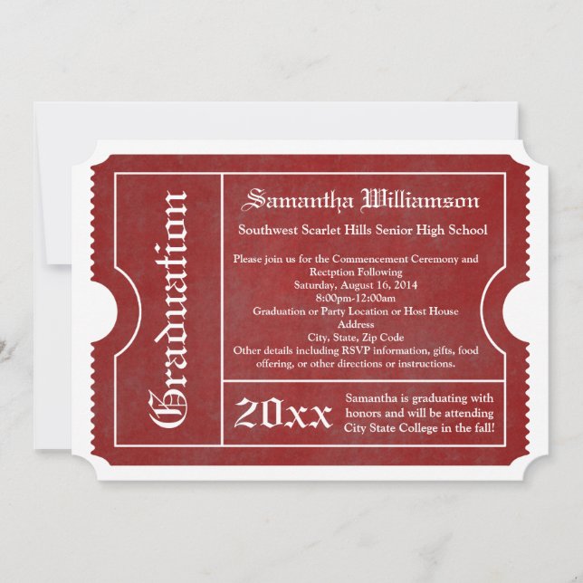 Invitations de tickets Red and White Graduation (Devant)