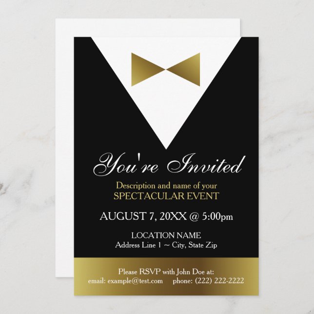 Invitations de Tuxedo Black et Gold| Parti officie (Devant / Derrière)