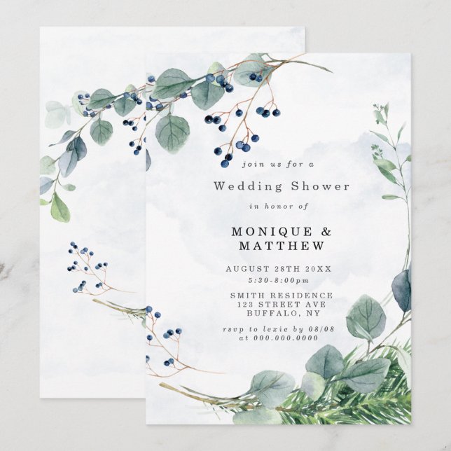 Invitations de Wedding shower Dusty Blue Eucalyptu (Devant / Derrière)