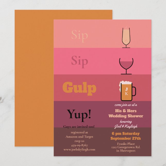 Invitations de Wedding showers Sip Gulp (Devant / Derrière)