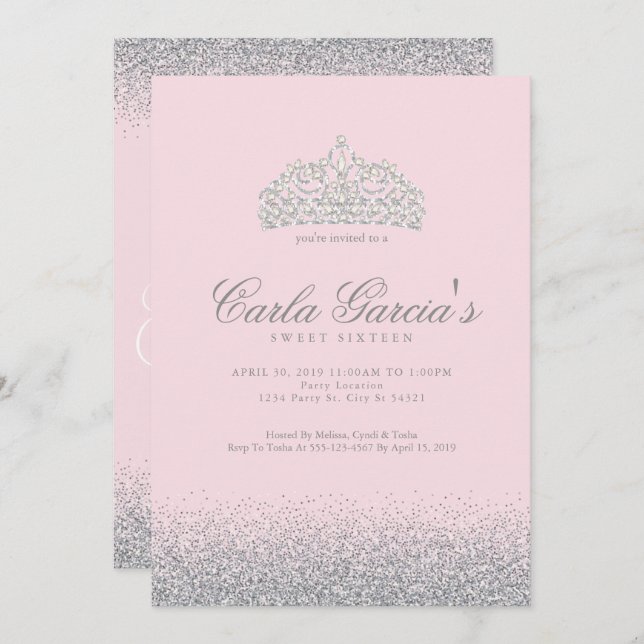 Invitations d'étincelle d'argent de sweet sixteen (Devant / Derrière)