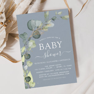 Invitations d'Eucalyptus Baby shower bleu poussiér