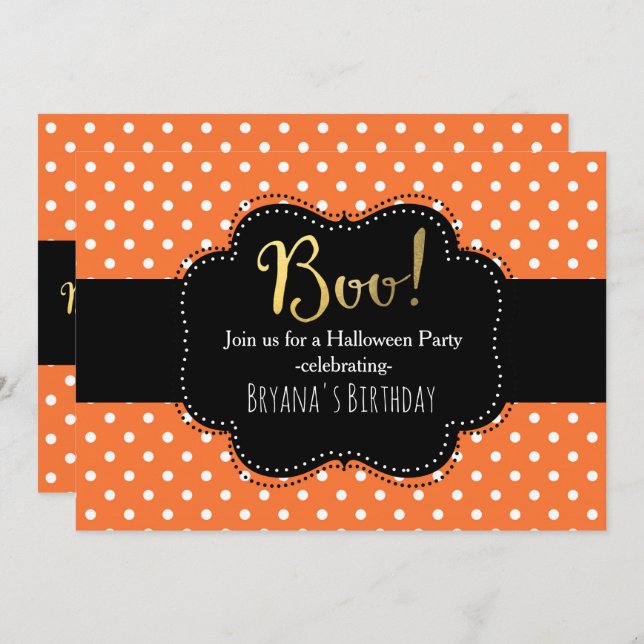 Invitations d'Halloween Polka Orange et Blanc (Devant / Derrière)
