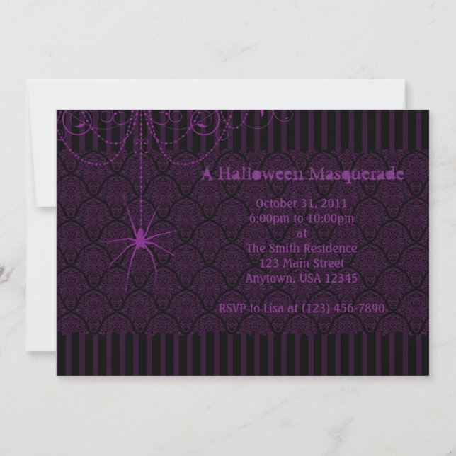 Invitations d'Halloween violettes et araignée noir (Devant)