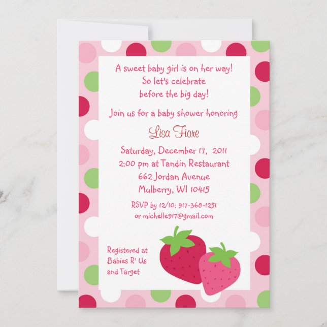 Invitations douces de baby shower de fraise de (Devant)