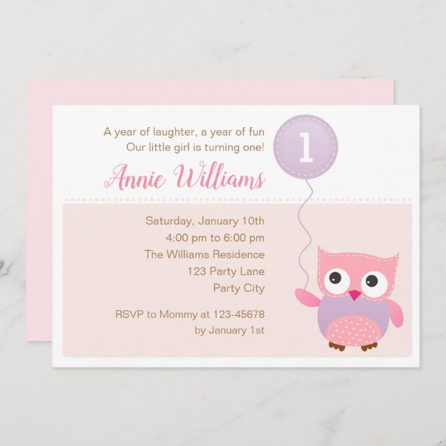 Invitations d'Owl 1er Birthday Invitations (Girls) (Devant / Derrière)