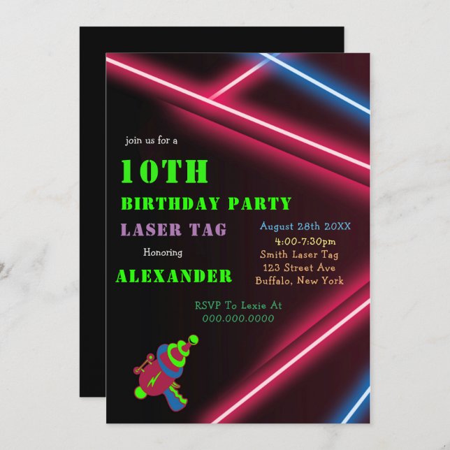 Invitations du 10e Neon Birthday Laser Tag Party (Devant / Derrière)