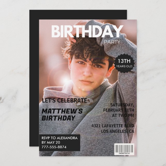 Invitations du 13e anniversaire pour lui Magazine  (Devant / Derrière)