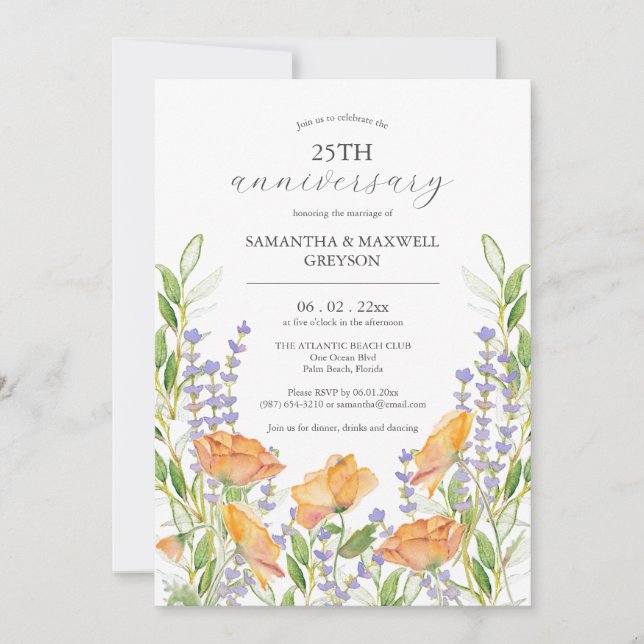 Invitations du 25e anniversaire du Mariage Floral (Devant)