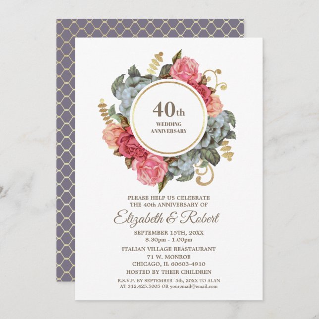 Invitations du 40e anniversaire du Mariage (Devant / Derrière)