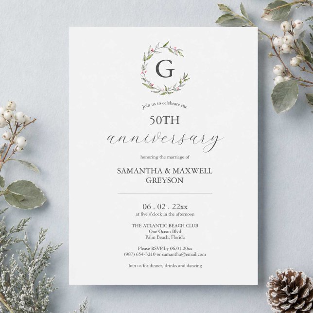 Invitations du 50e anniversaire du Mariage Botaniq (505h wedding anniversary invitations template with hand drawn monogram by Do Tell A Belle)