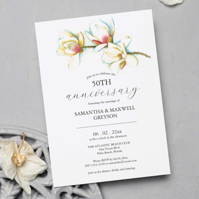 Invitations du 50e anniversaire du Mariage Floral (50th Wedding Anniversary invitations feature unique watercolor white flowers by Victoria Grigaliunas)