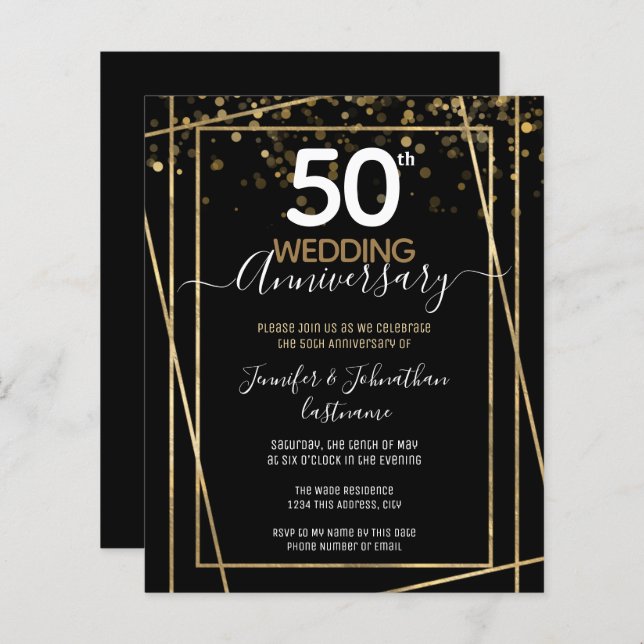 Invitations du 50e anniversaire Gold Border Budget (Devant / Derrière)