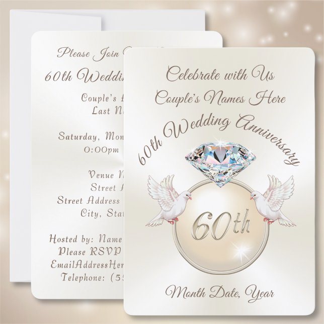 Invitations du 60e anniversaire du Mariage Diamond (60th wedding anniversary invitation cards. Diamond anniversary. 60th anniversary party supplies. )