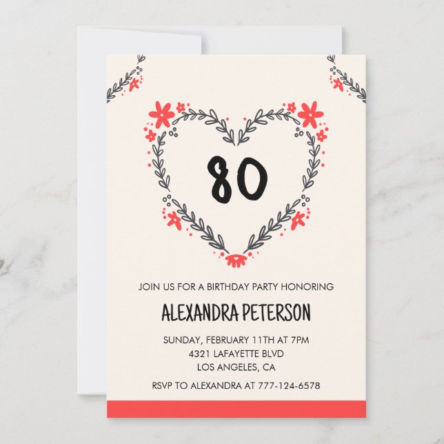 Invitations du 80e anniversaire pour son coeur flo (Devant)