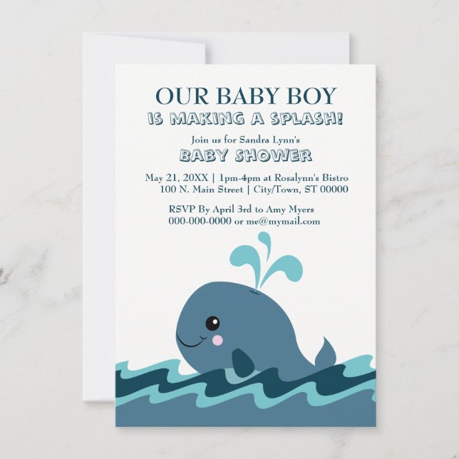 Invitations du Baby shower bleu à thème baleine (Devant)