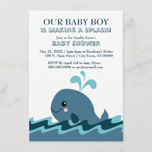 Invitations du Baby shower bleu à thème baleine