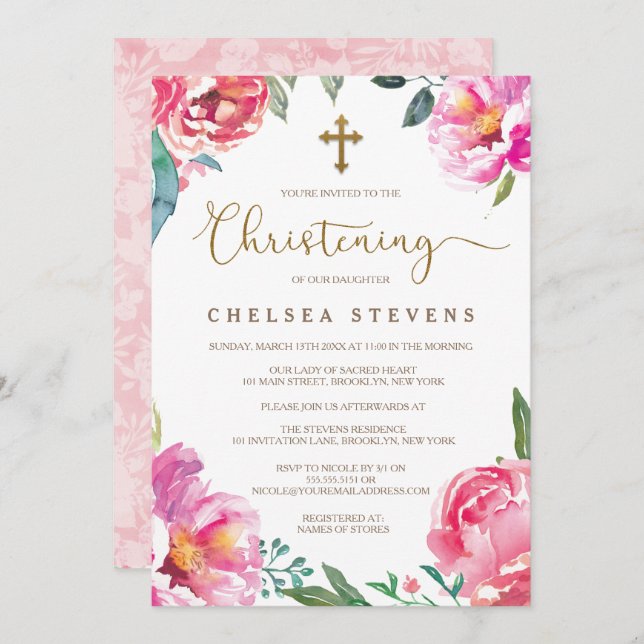 Invitations du baptême | Pies roses (Devant / Derrière)