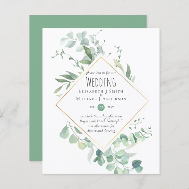 Invitations du budget Mariage Eucalyptus (Devant / Derrière)