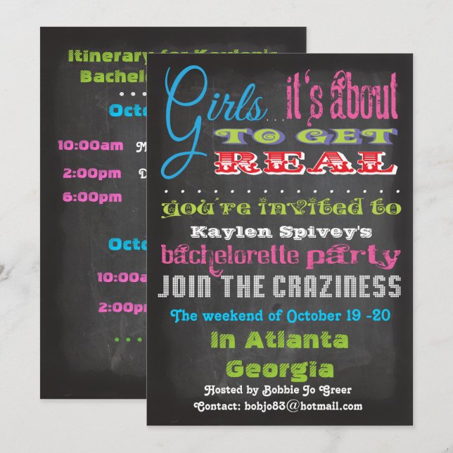 Invitations du Chalkboard Bachelorette Party (Devant / Derrière)