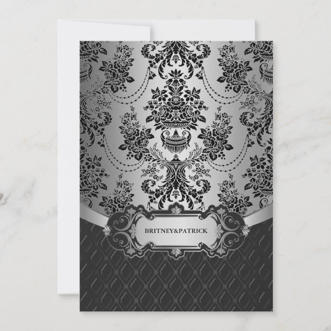 Invitations du lustre Silver Black Mariage damassé (Devant)