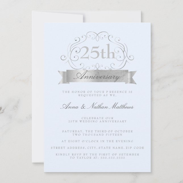 Invitations du Mariage Argent et Bleu 25e annivers (Devant)