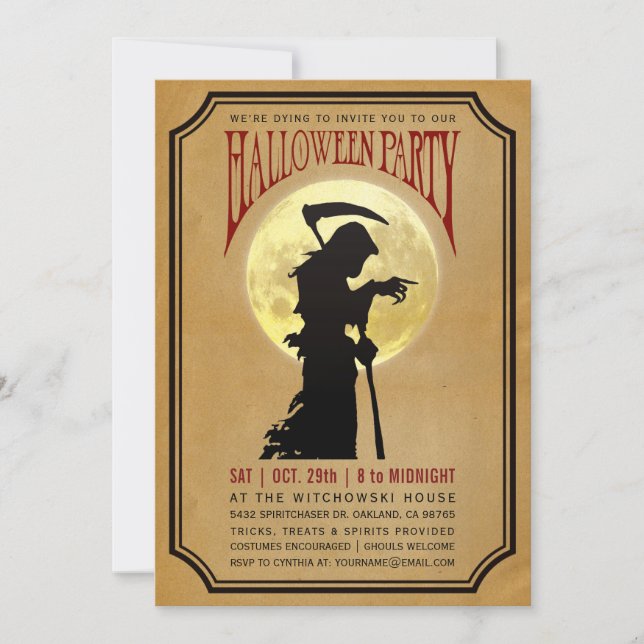Invitations du parti Halloween| Moon & Grim Reaper (Devant)