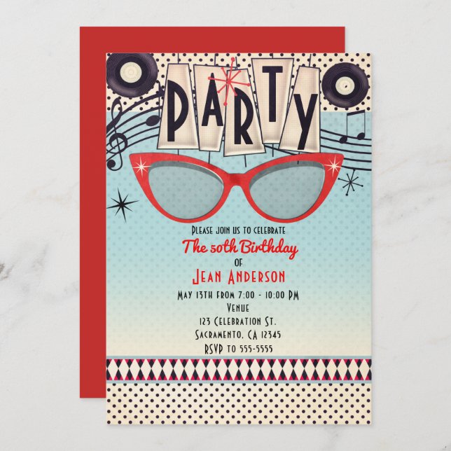 Invitations du parti Retro Vintage des années 50 (Devant / Derrière)