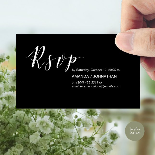 Invitations du parti RSVP, moderne Elegant Noir (Modern Wedding RSVP Invitation Card, Online reply, Email or phone, in classy black)