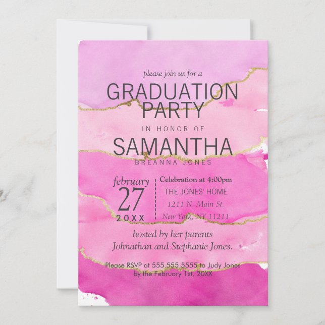 Invitations du Pink Watercolor et du Gold Graduati (Devant)