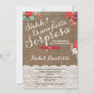 Invitations du Red Floral Surprise Party en espagn