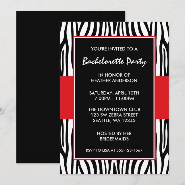 Invitations du Red Zebra Bachelorette Party (Devant / Derrière)