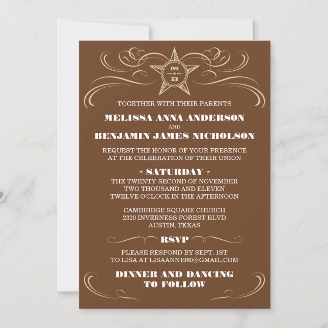 Invitations du sud Brown de mariage de style (Devant)