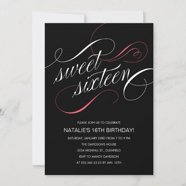 Invitations du Sweet sixteen de concepteur noir (Devant)