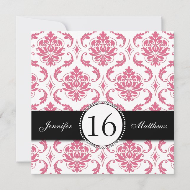 Invitations du Sweet sixteen de Damas noir rose (Devant)