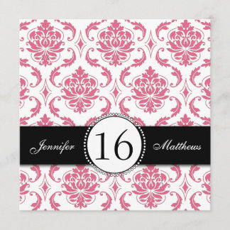 Invitations du Sweet sixteen de Damas noir rose