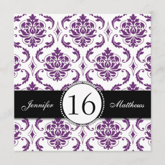 Invitations du Sweet sixteen de Damas pourpre noir
