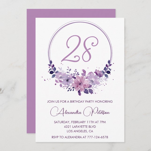Invitations élégantes de 28e anniversaire Floral P (Devant / Derrière)