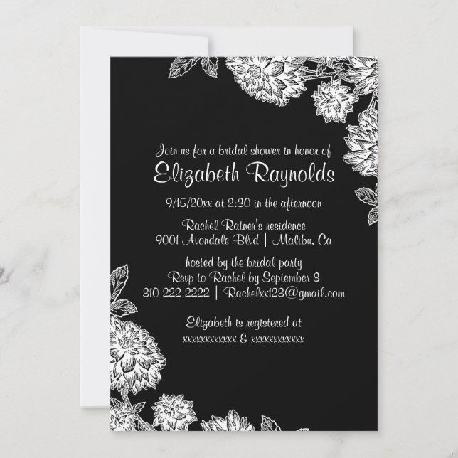 Invitations Élégantes de douches nuptiales en noir (Devant)
